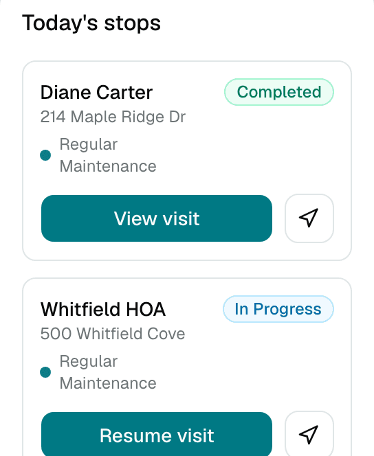 The AquaTrack dashboard showing today's scheduled stops, each with a customer name, address and status.
